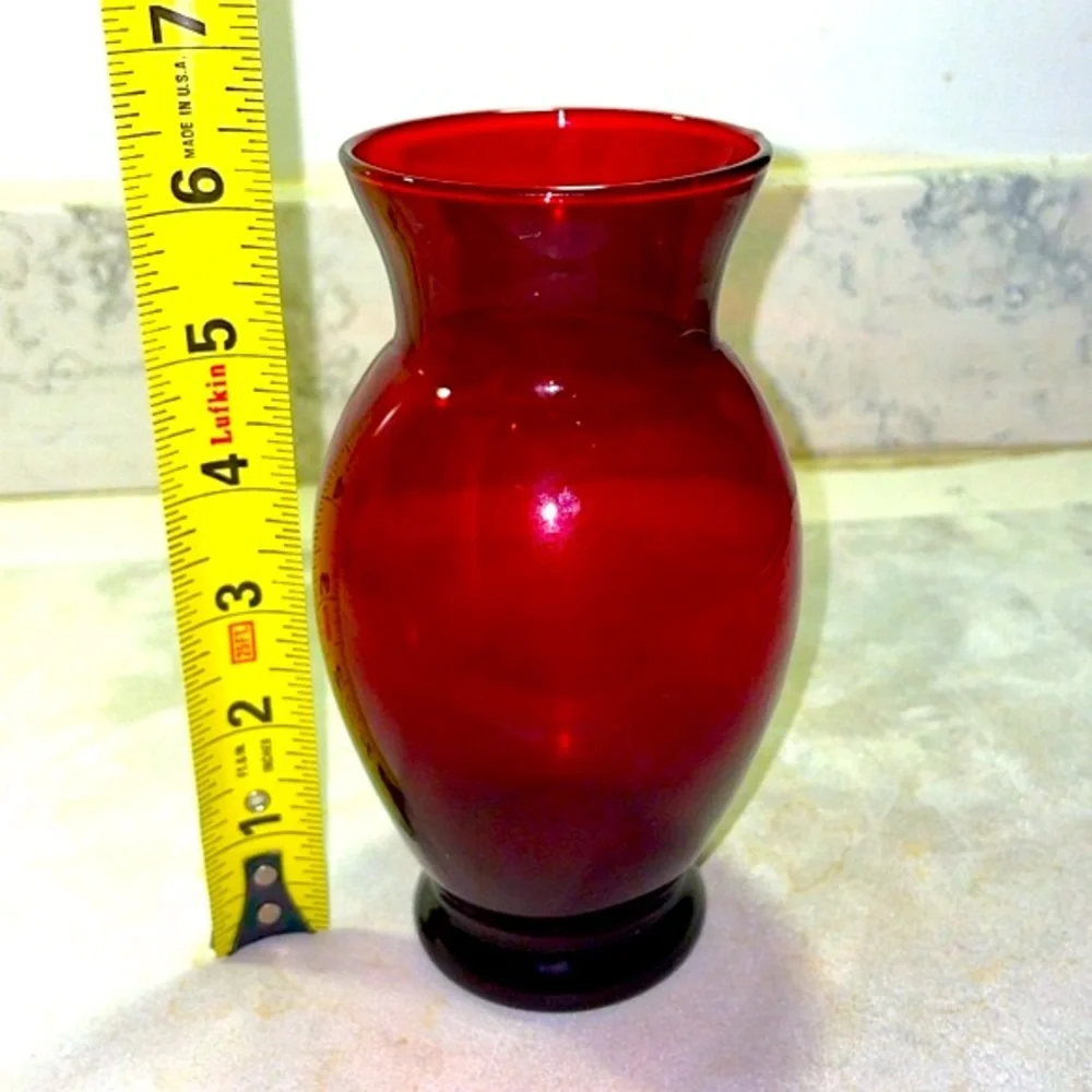 Anchor Hocking Ruby Red Carmen Vintage Art Deco Blown Vase 6 3/8 Inches EUC - Picture 8 of 9